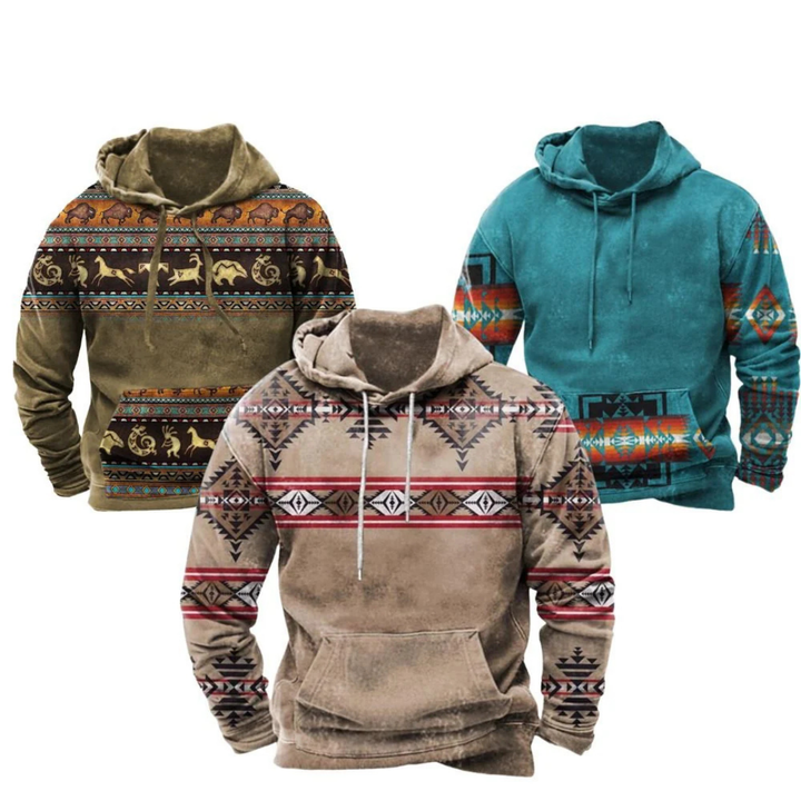 Men's Retro Tribal Print Hoodie, Kangaroo Pocket