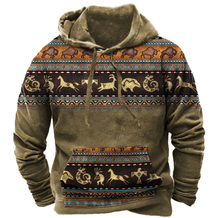 Men's Retro Tribal Print Hoodie, Kangaroo Pocket