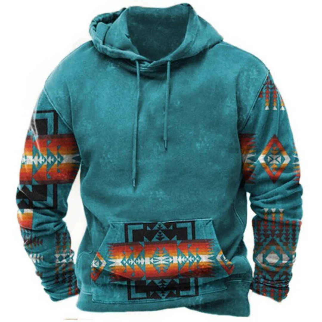 Men's Retro Tribal Print Hoodie, Kangaroo Pocket