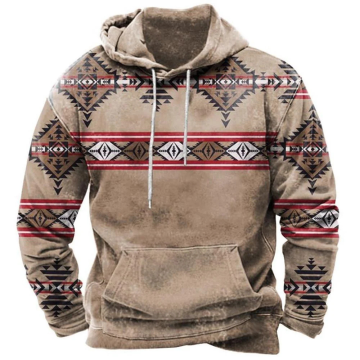 Men's Retro Tribal Print Hoodie, Kangaroo Pocket