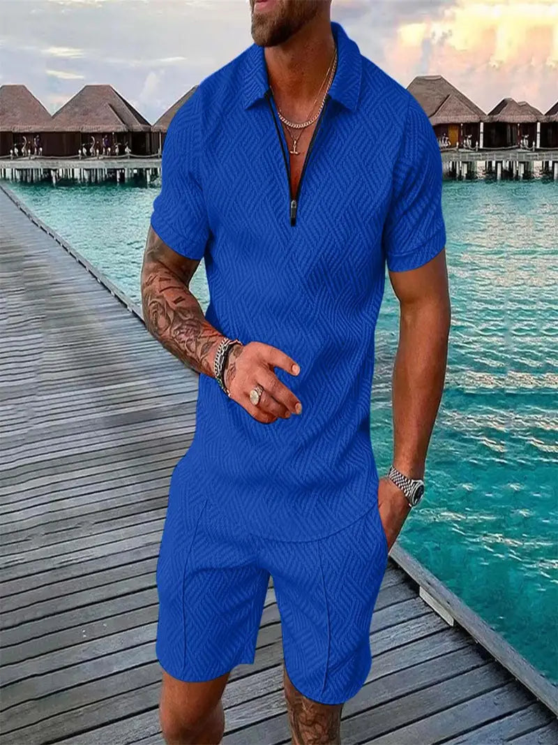 Men’s Casual Summer Set, Short Sleeve V-Neck