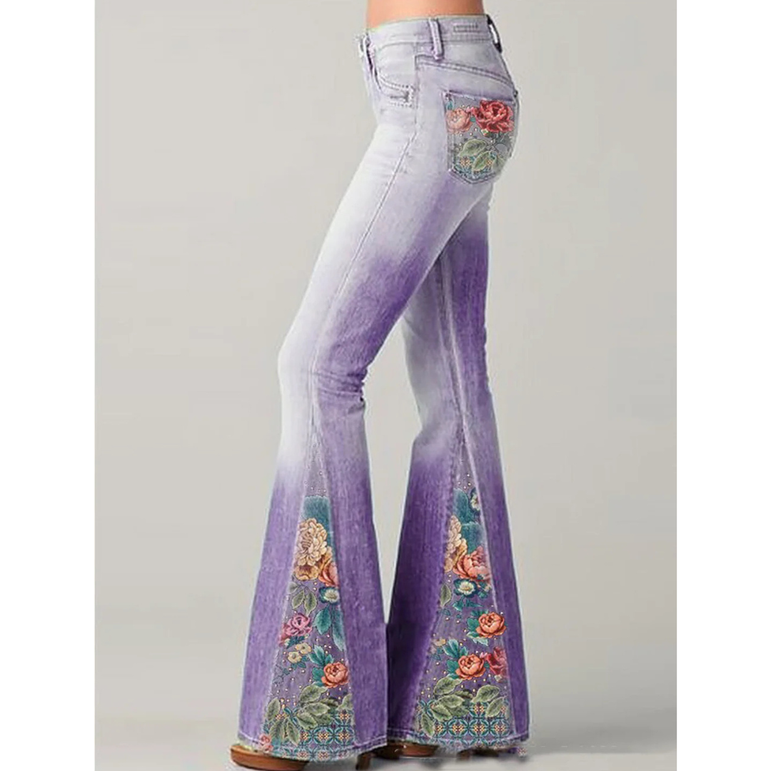 Women's Retro Floral Embroidered Jeans, Flared