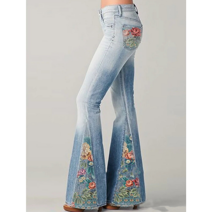 Women's Retro Floral Embroidered Jeans, Flared