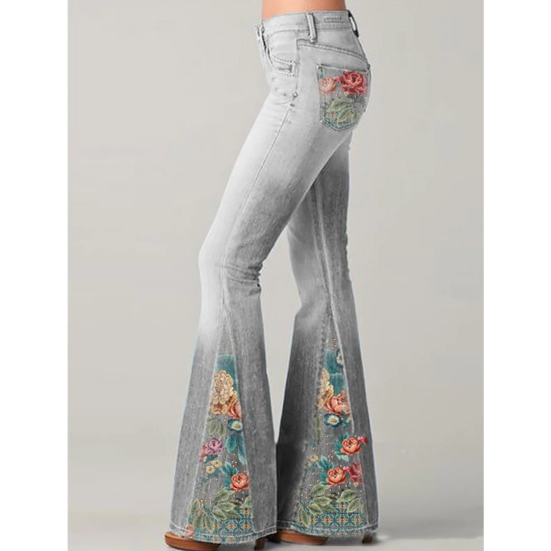 Women's Retro Floral Embroidered Jeans, Flared