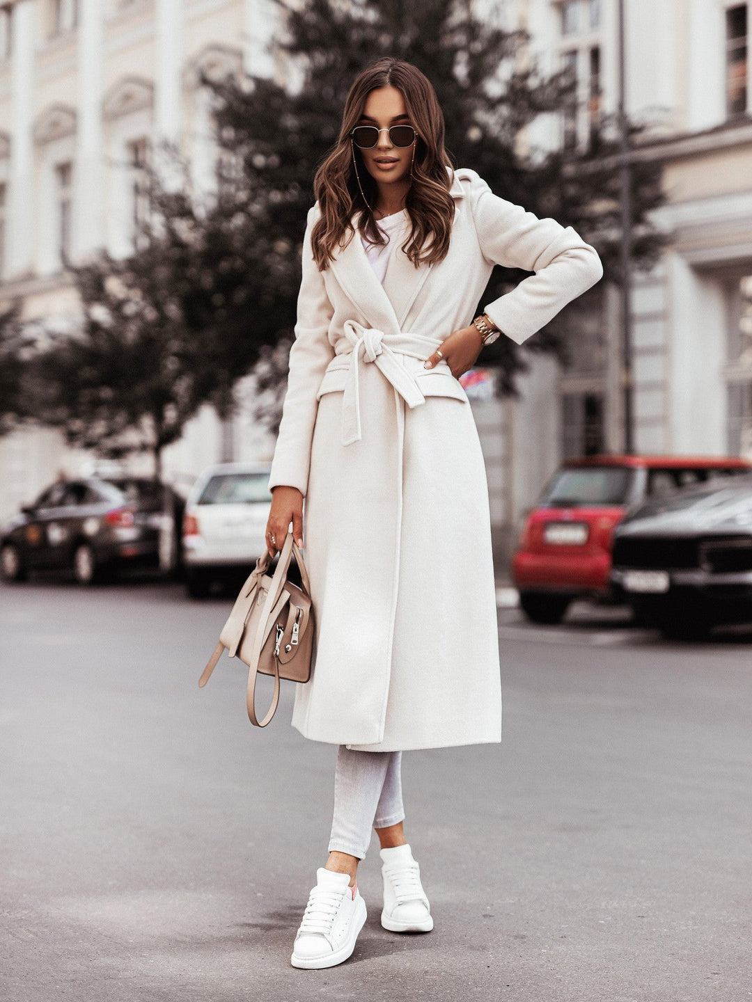 Chic Long Wool Coat, Stylish Belted Design