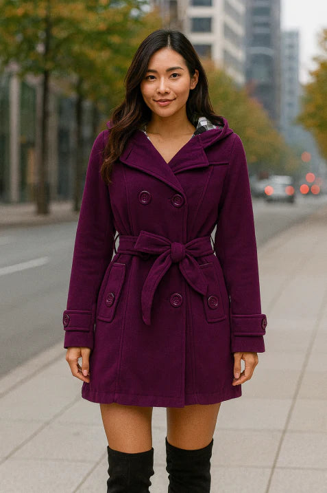 Manteau à capuche élégant pour femme | Double-rangée de boutons