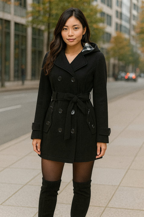 Manteau à capuche élégant pour femme | Double-rangée de boutons