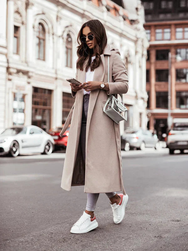 Chic Long Wool Coat, Stylish Belted Design