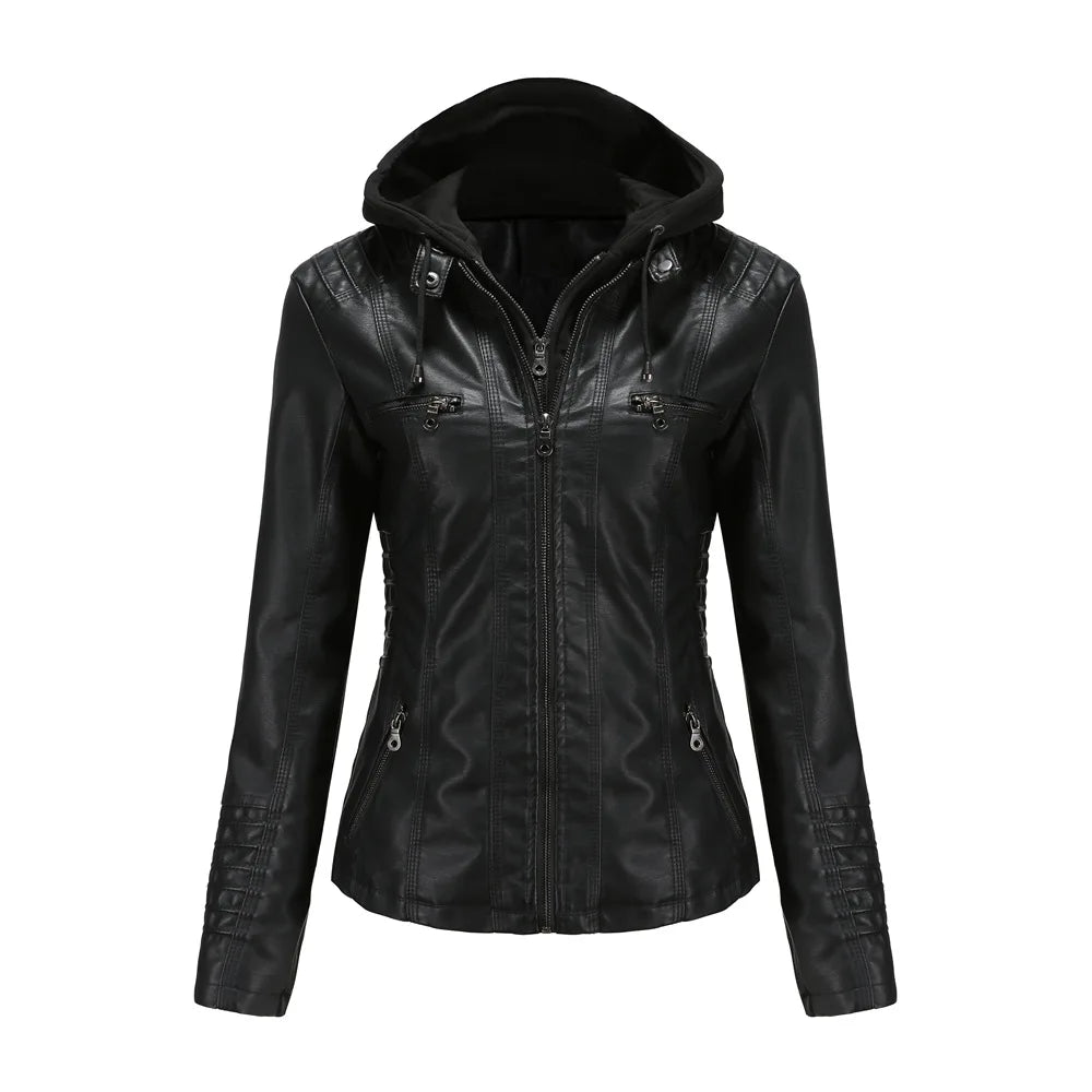 Plus Size Women's Hooded Removable Leather Jacket Cairns Closet