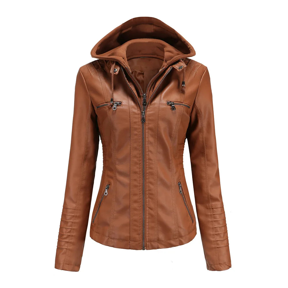 Plus Size Women's Hooded Removable Leather Jacket Cairns Closet