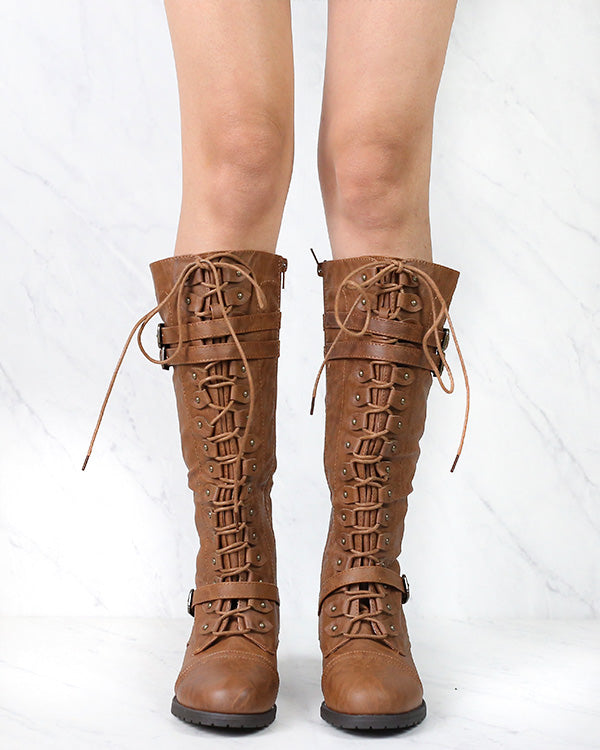 Tall Lace Up Combat Boots in Tan Cairns Closet