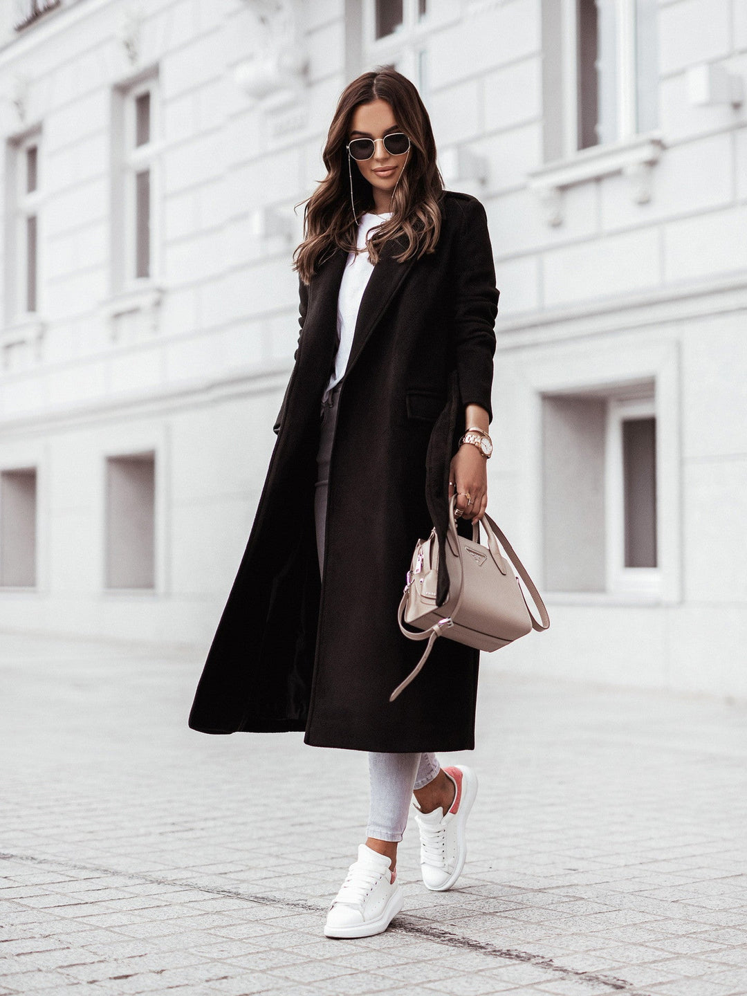Chic Long Wool Coat, Stylish Belted Design