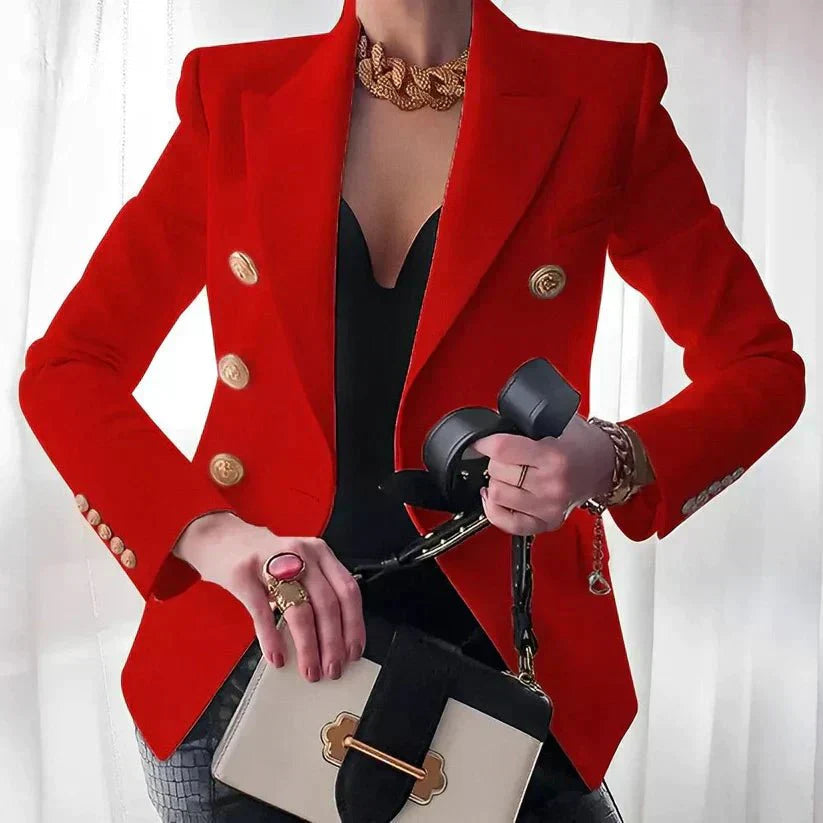 Women's Stylish Double-Breasted Blazer, Chic Gold Button Design