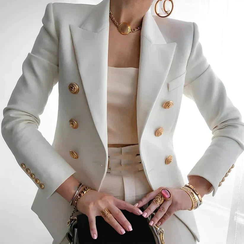 Women's Stylish Double-Breasted Blazer, Chic Gold Button Design
