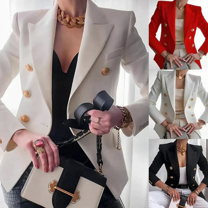 Women's Stylish Double-Breasted Blazer, Chic Gold Button Design