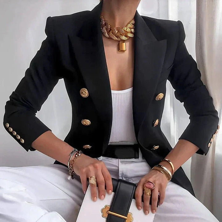 Women's Stylish Double-Breasted Blazer, Chic Gold Button Design