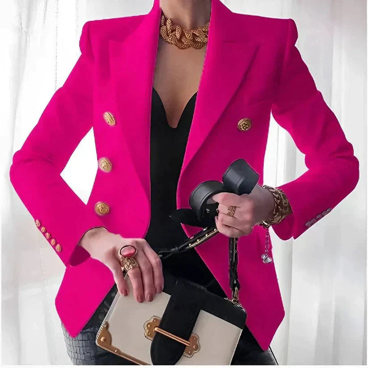 Women's Stylish Double-Breasted Blazer, Chic Gold Button Design