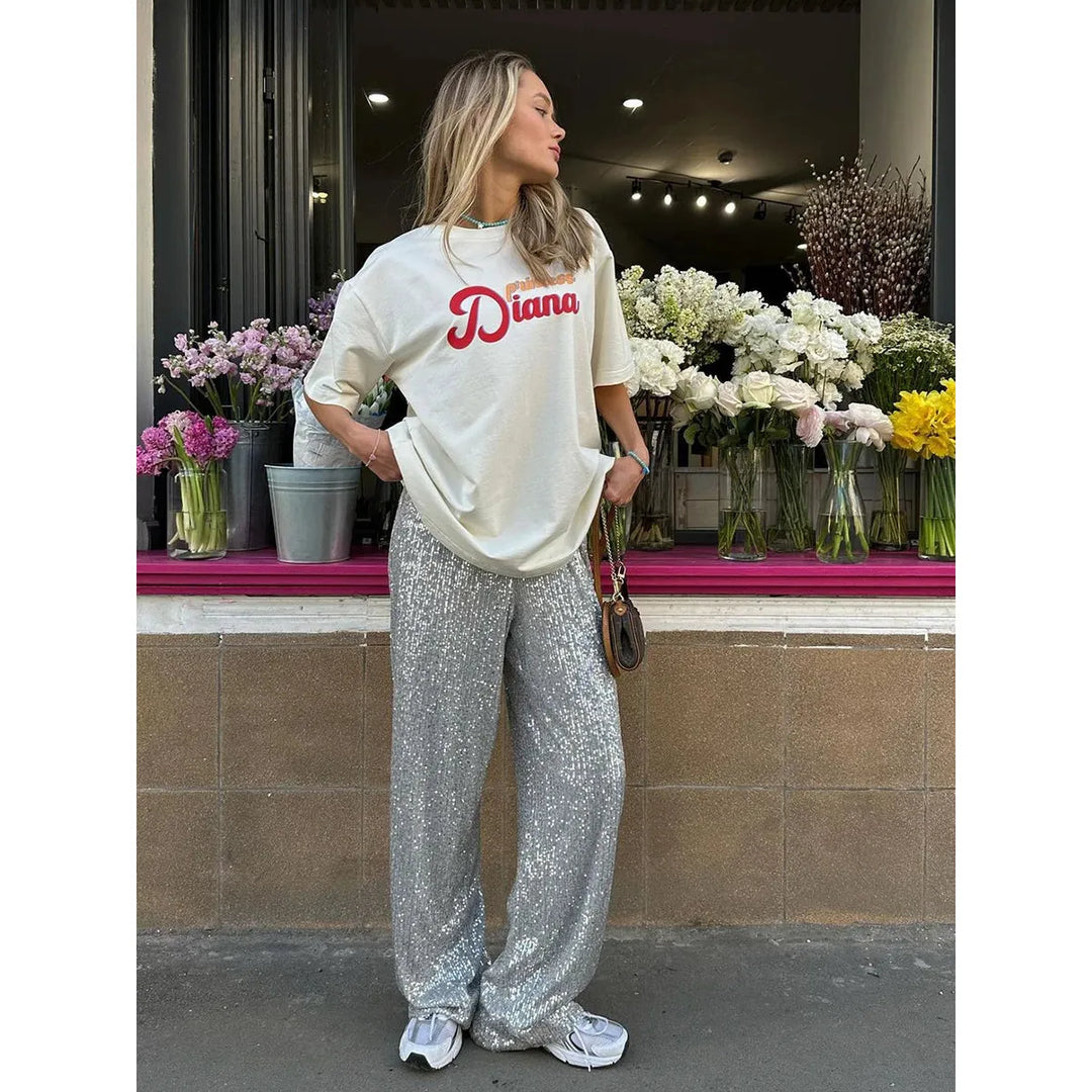 Pantalon à paillettes taille haute, coupe ample