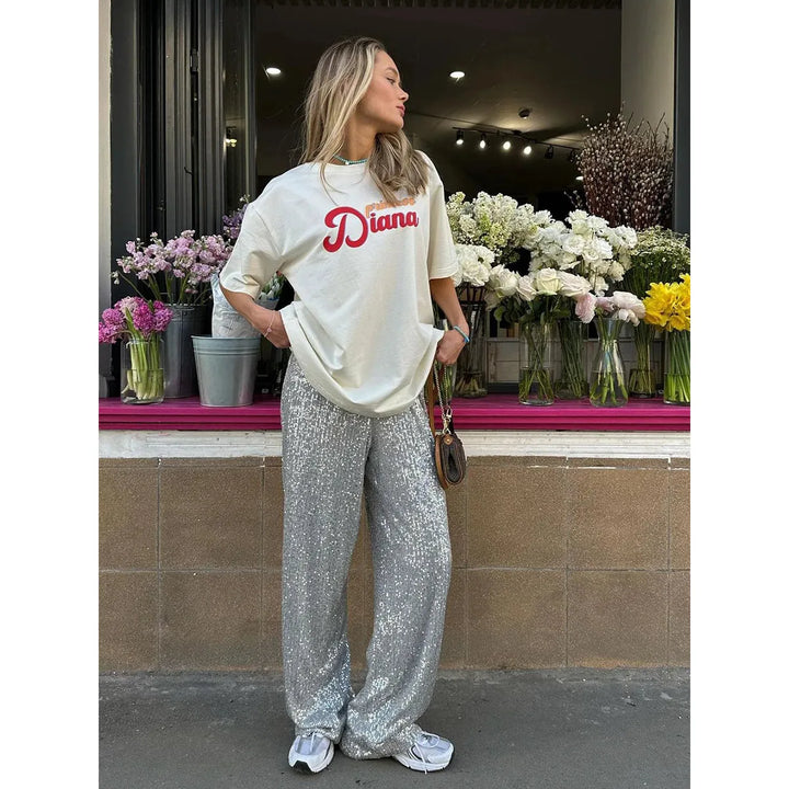Pantalon à paillettes taille haute, coupe ample