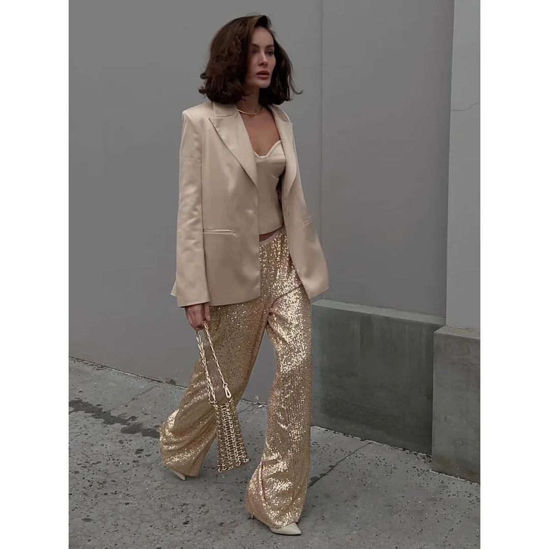 Pantalon à paillettes taille haute, coupe ample