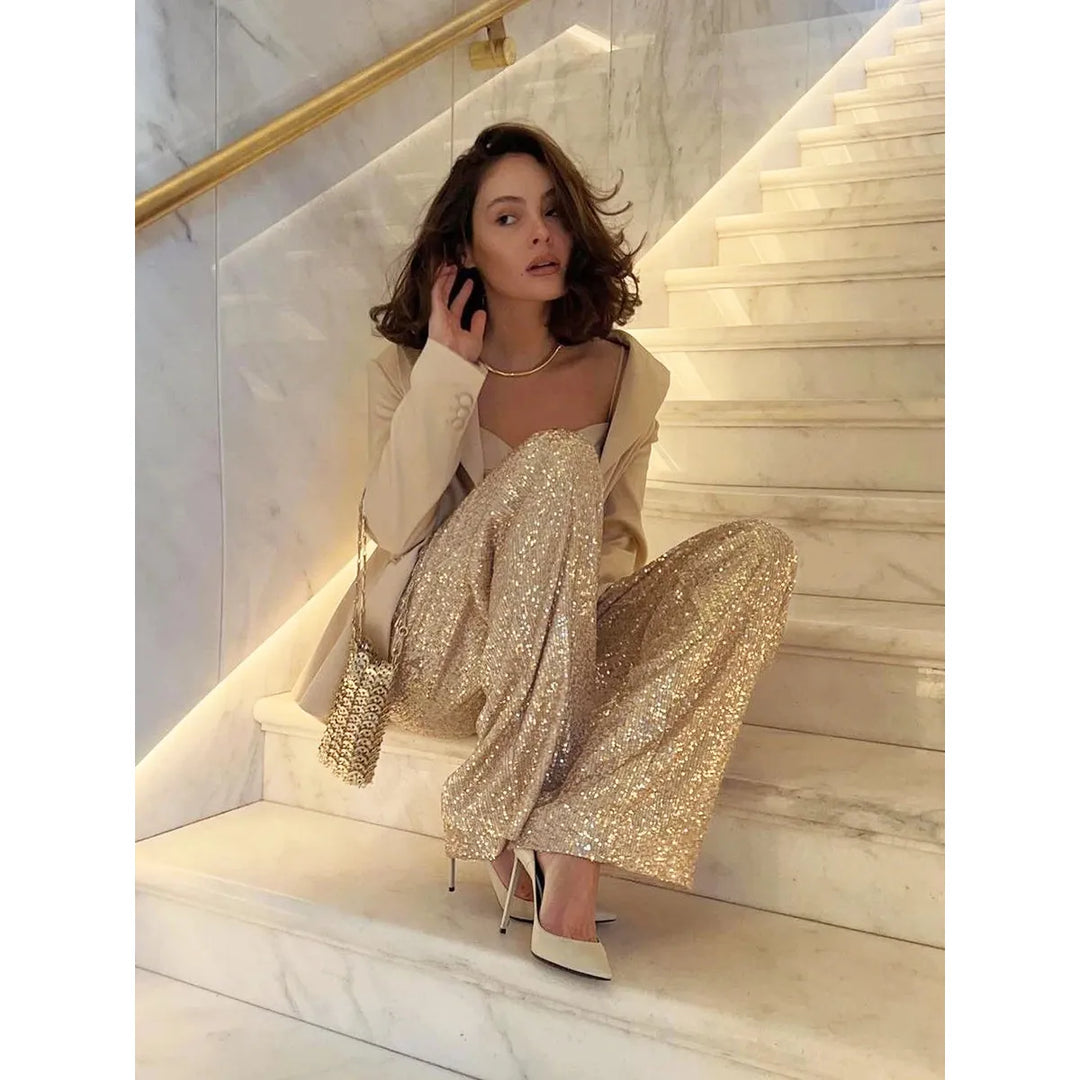Pantalon à paillettes taille haute, coupe ample